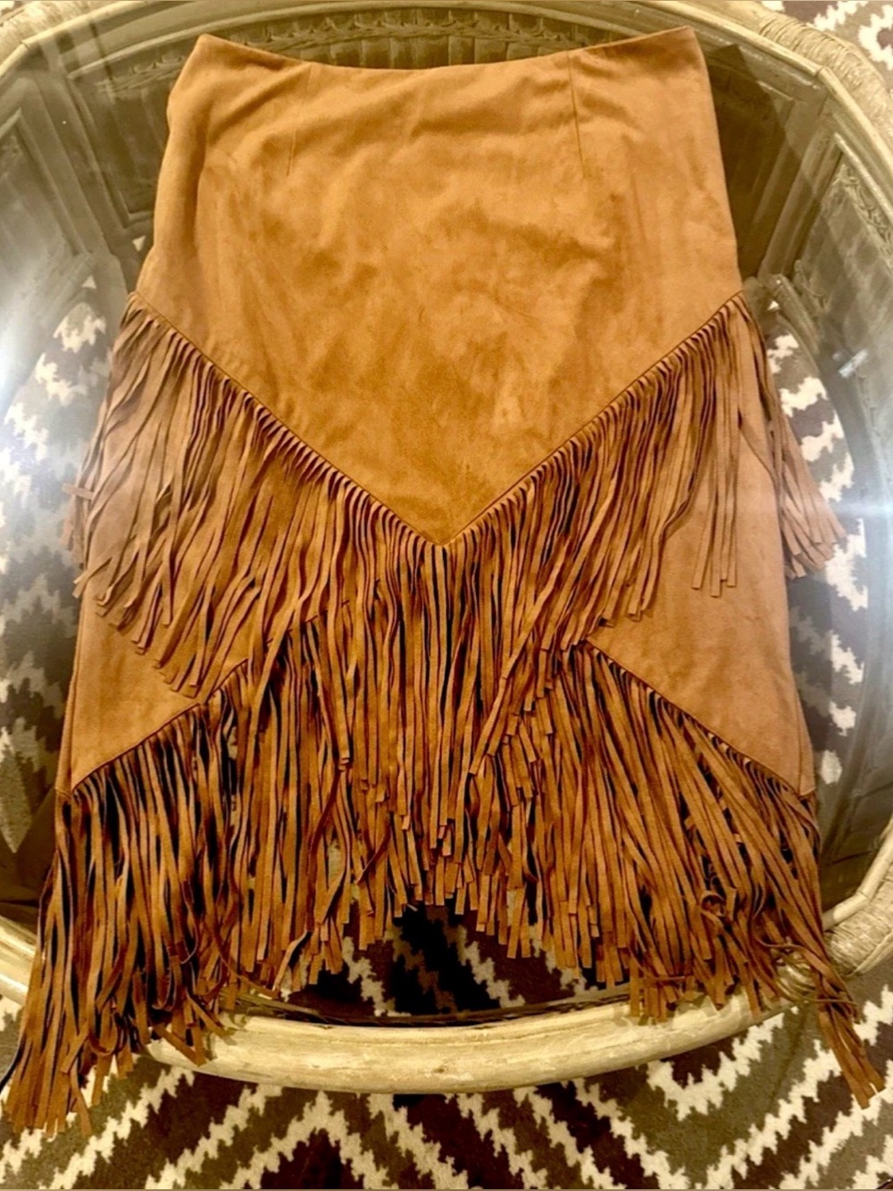 🤠CHICO’S🤠 GINGERBREAD FAUX SUEDE LAYERED FRINGE LINED STRETCH BOHO MIDI SKIRT